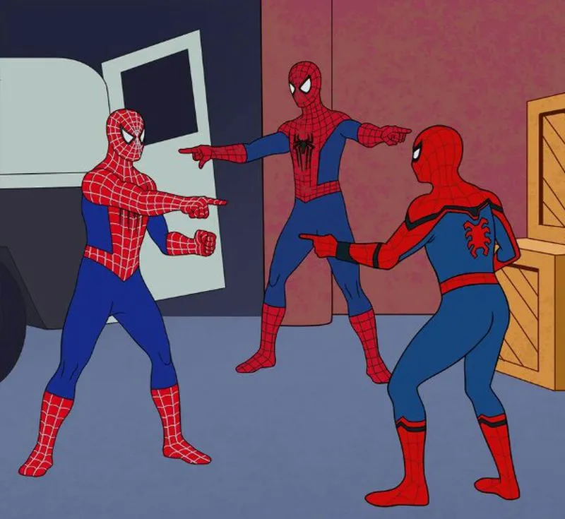 meme with 3 spider man characters all pointing the blame at each other